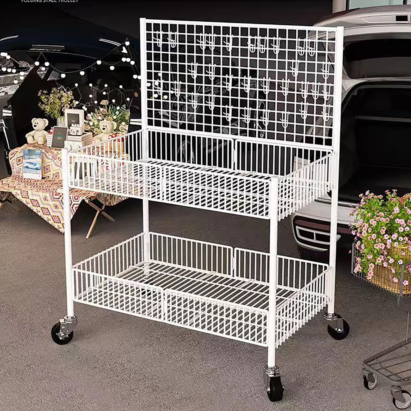Espositore in filo metallico con 4 ruote e 10 Hoo, carrello versatile per fiere, mercatini delle pulci, eventi, bianco (100 cm)