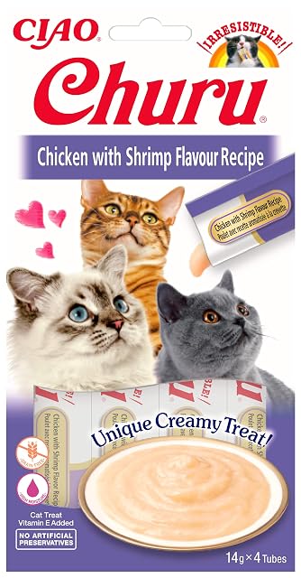 INABA Churu - Premios para Gatos - Snacks Saludables de Atún con Gambas - Textura Cremosa