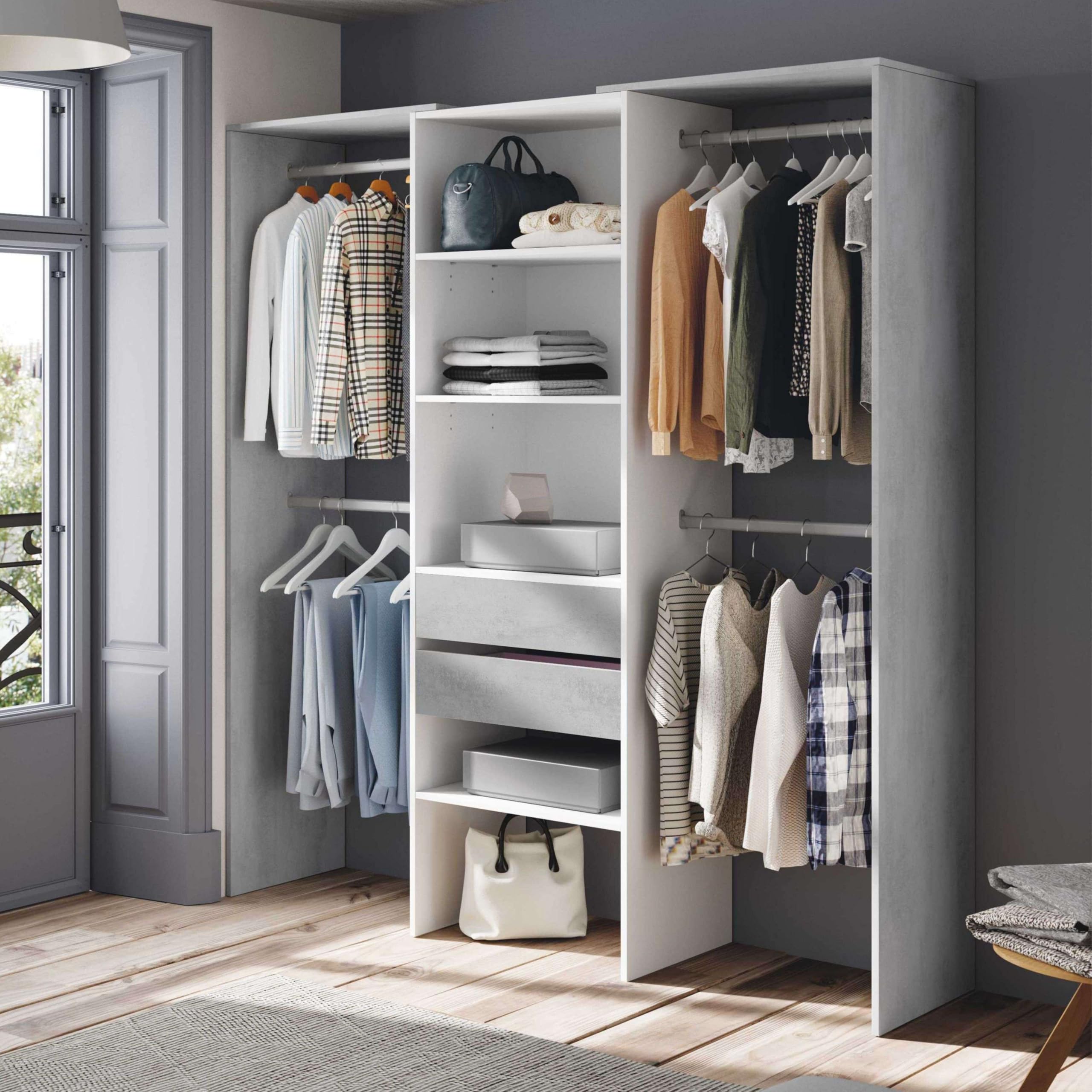 Habitdesign Armario Vestidor con 2 Cajones, Vestidor con Barras y Baldas, Acabado en Blanco Artik y Gris Cemento, Medidas: 179 cm (Ancho) x 202 cm (Alto) x 50 cm (Fondo)