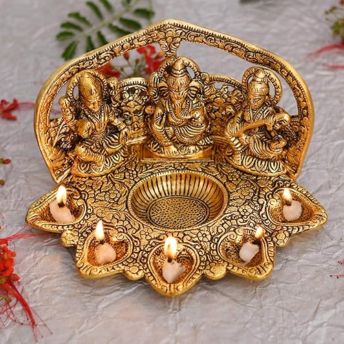 Collectible India Laxmi Ganesh Saraswati Idol Diya Lámpara de aceite Deepak - Estatua de metal Lakshmi Ganesha Showpiece - Diya tradicional para
