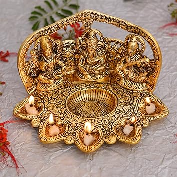 Collectible India Laxmi Ganesh Saraswati Idol Diya Oil Lamp Deepak - Metal Lakshmi Ganesha Showpiece Statue - Traditional Diya for Diwali Puja (8.5 x 5.1 x 4.7, 1 Count)