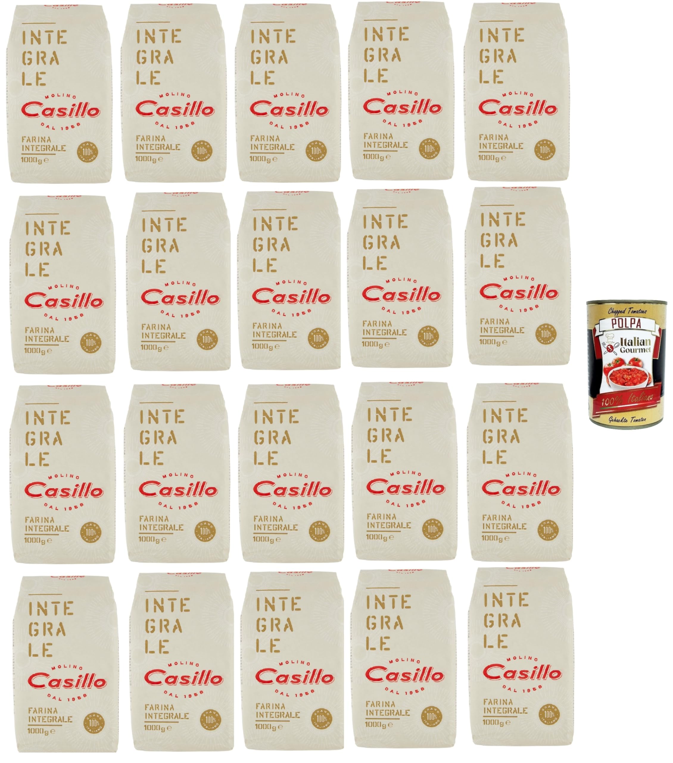 Molino Casillo, farina integrale Vollkornmehl Mehl zartes Vollkorn wholemeal flour 20x 1 kg + Italian Gourmet polpa 400g