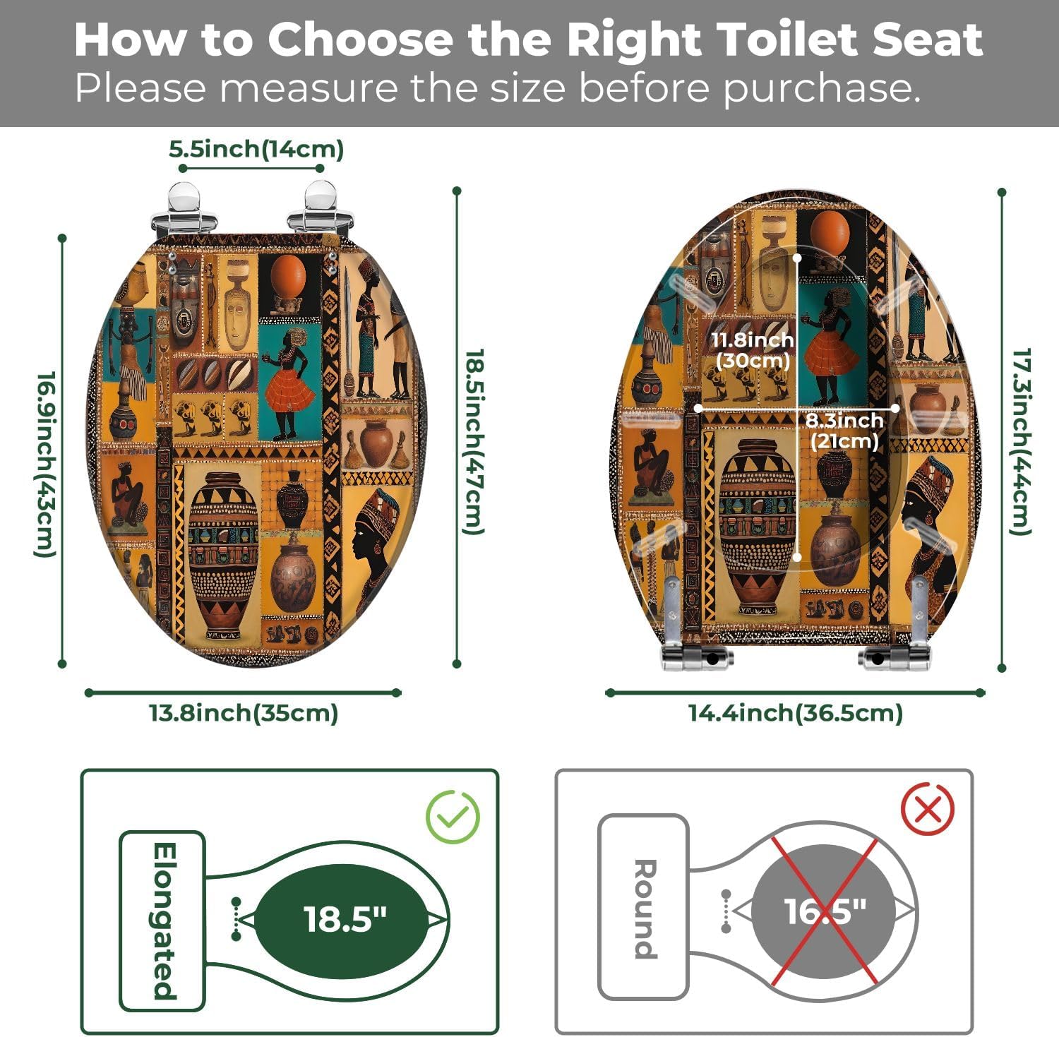 Elongated Toilet Seat African Art Inspired Collage Traditional Vases Figures Resin Toilet Seat with Quietly Close Quick Release Hinges Replacement Toilet Seat with Cover Easy to Clean and Install