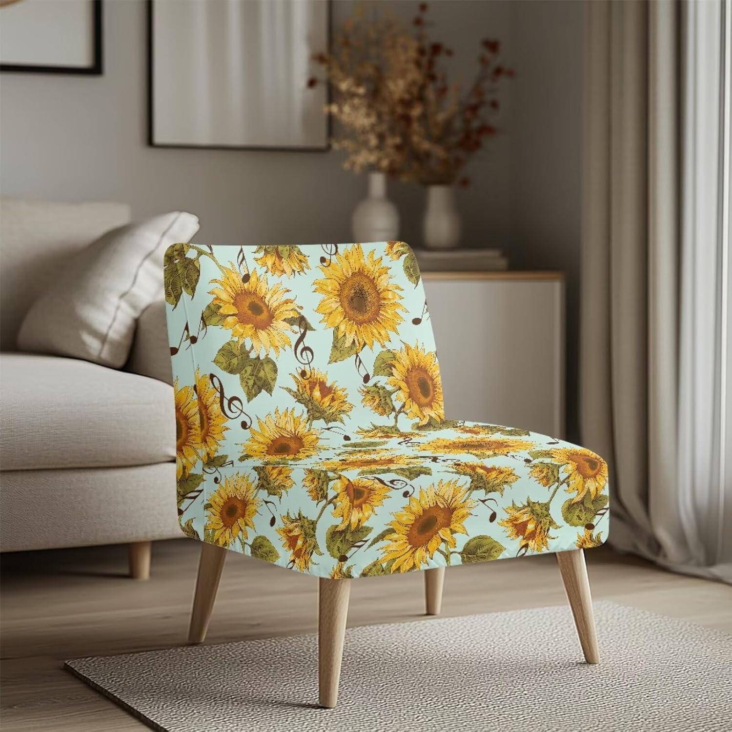 Merkmak Washable Armless Slipper Chair Covers with Elastic Band Armless Accent Chair Cover Autumn Sunflower Green Leaves Single Sofa Protective Slipcover for Farmhouse Decoration