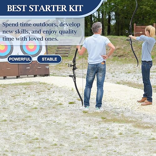 Miniatura 5 de D&Q Juego de arco y flecha recurvo de caza para adultos, kit de cazador negro, arco largo, tiro con arco, caza, práctica de desmontaje, arco largo