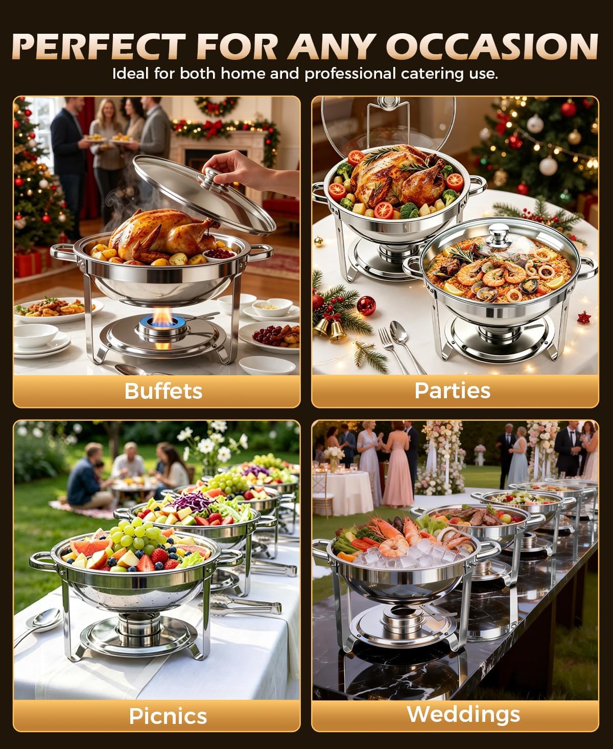 Chafing Dishes for Buffet, 2 Pack 5QT Round Stainless Steel Chafing Dish Set, Food Warmers for Parties Buffet for Home Parties, Christmas Gatherings, Catering Events Complete Buffet Warmer Set