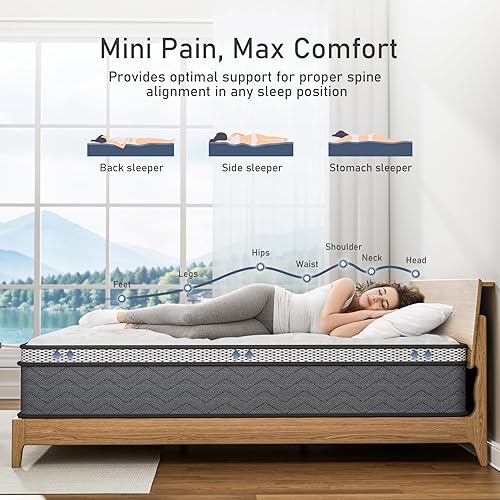 Miniatura 6 de Colchón híbrido de resortes interiores de 10 pulgadas en una caja, espuma de tacto firme medio y resortes embolsados individualmente para alivio de