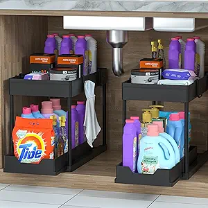 2 Pack Under Sink Organizer, 2 Tier Bathroom Cabinet Organizer with Sliding Basket, Multi-Purpose Under Sink Organizers and Storage for Bathroom Kitchen (Black 2 Pack)