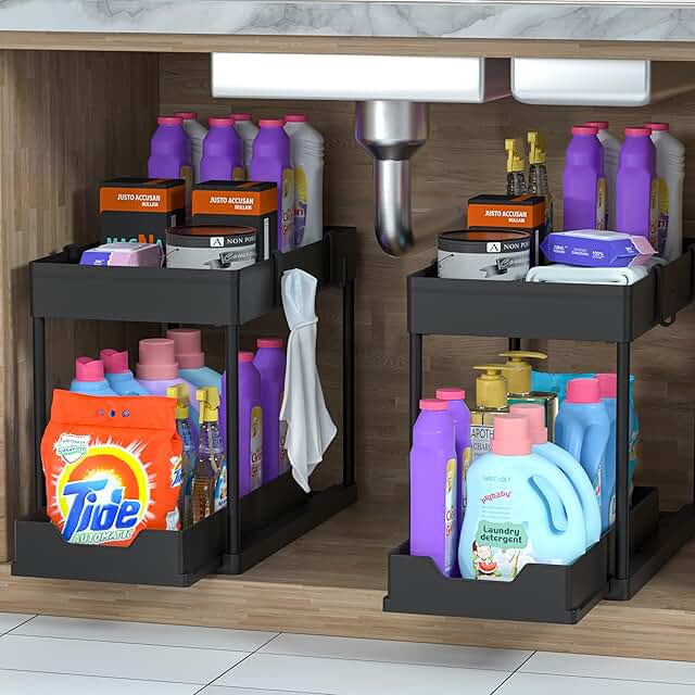 2 Pack Under Sink Organizer, 2 Tier Bathroom Cabinet Organizer with Slid...