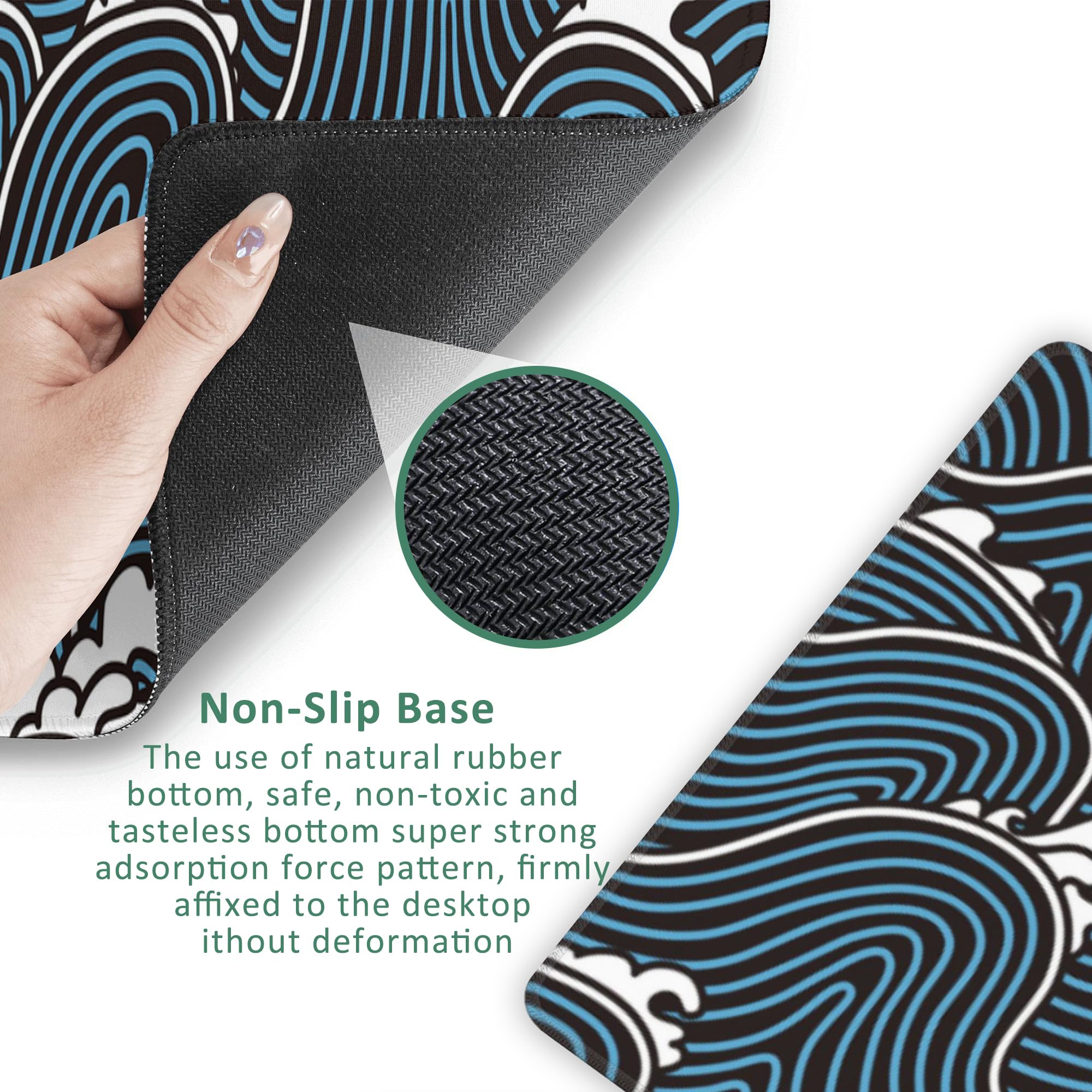 Japanese Gaming Mouse Pad Abstract Black Mouse Pad 31.5x11.8 Inch Black Sea Wave Texture Non - View #7