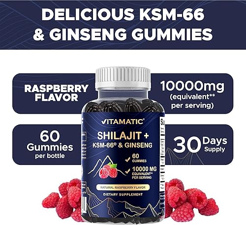 Miniatura 5 de Vitamatic Shilajit con KSM-66 Ashwagandha y Ginseng 10,000 mg equivalentes por porción - Sabor a frambuesa natural - 60 gomitas veganas - Hecho en