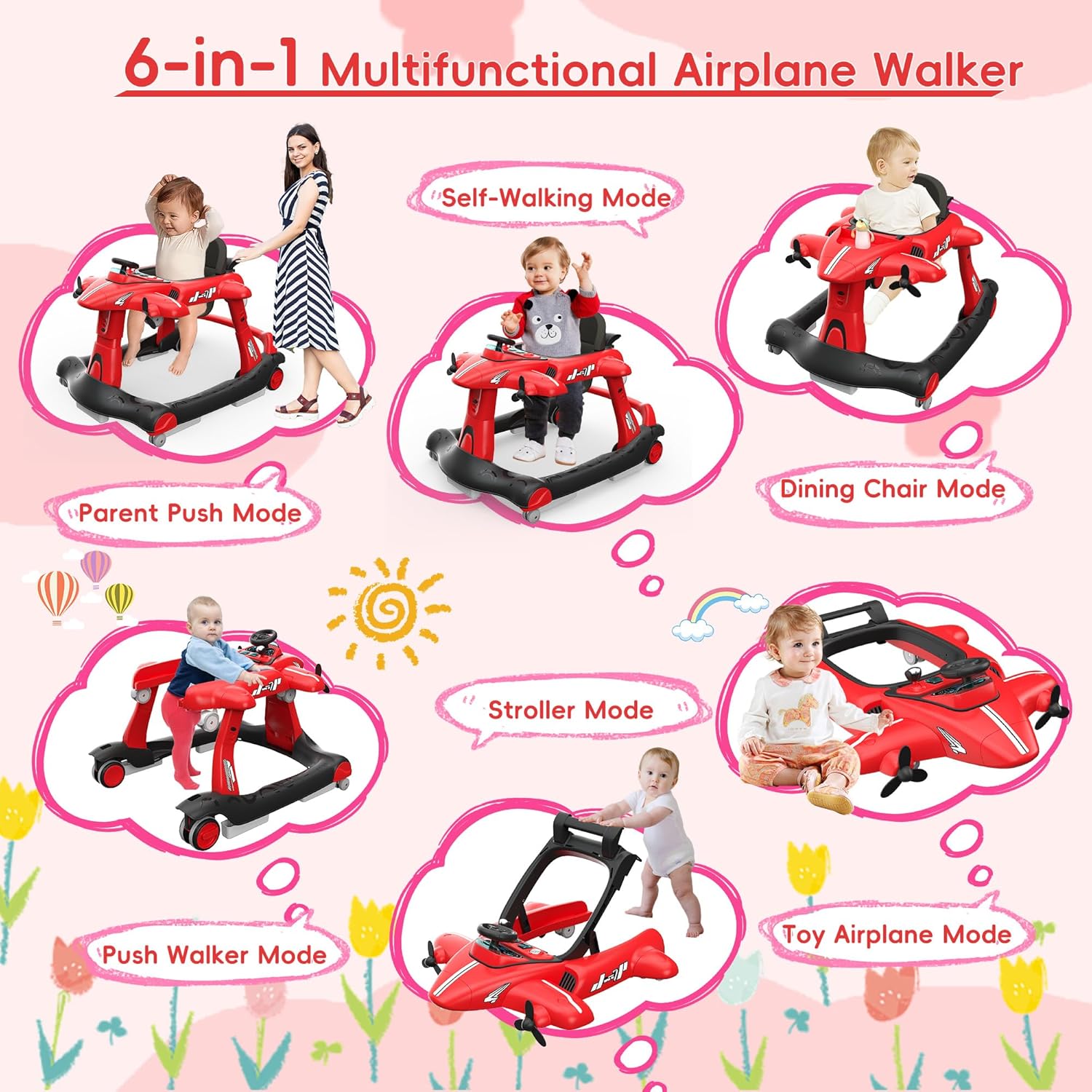 Betterhood 6-in-1 Foldable Baby Walker with Adjustable Height & Speed, Airplane-Themed Activity Push Walker with Music & Lights, Wheels, Anti-Slip Design, Suitable for Boys & Girls Aged 6-18 Months