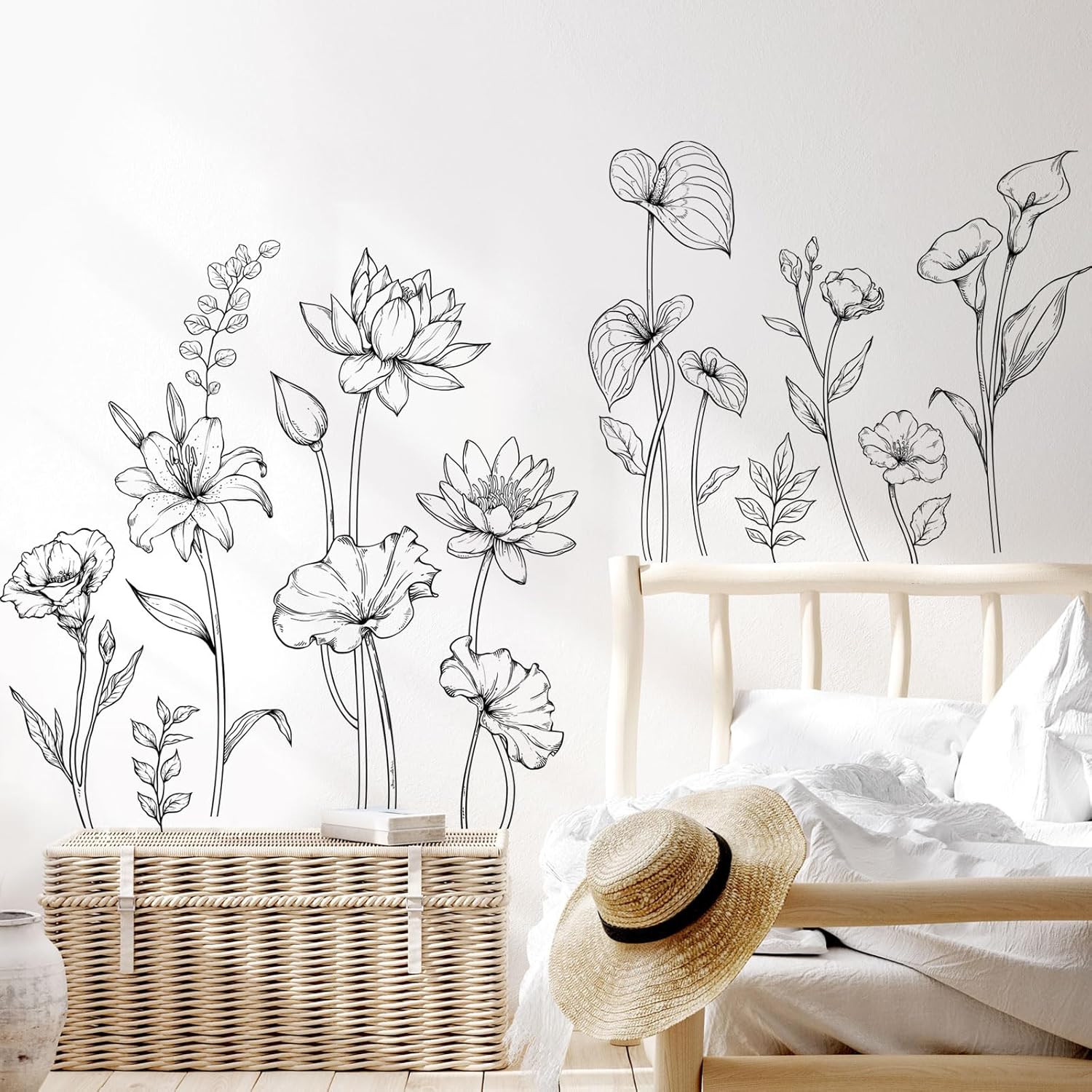 Large Black and White Flower Wall Decals Simple Modern Minimalist Garden Flower Wall Stickers Peel and Stick Floral Wall Art Decor for Girls Bedroom Living Room Office Adult Home Decor Gift for Mom