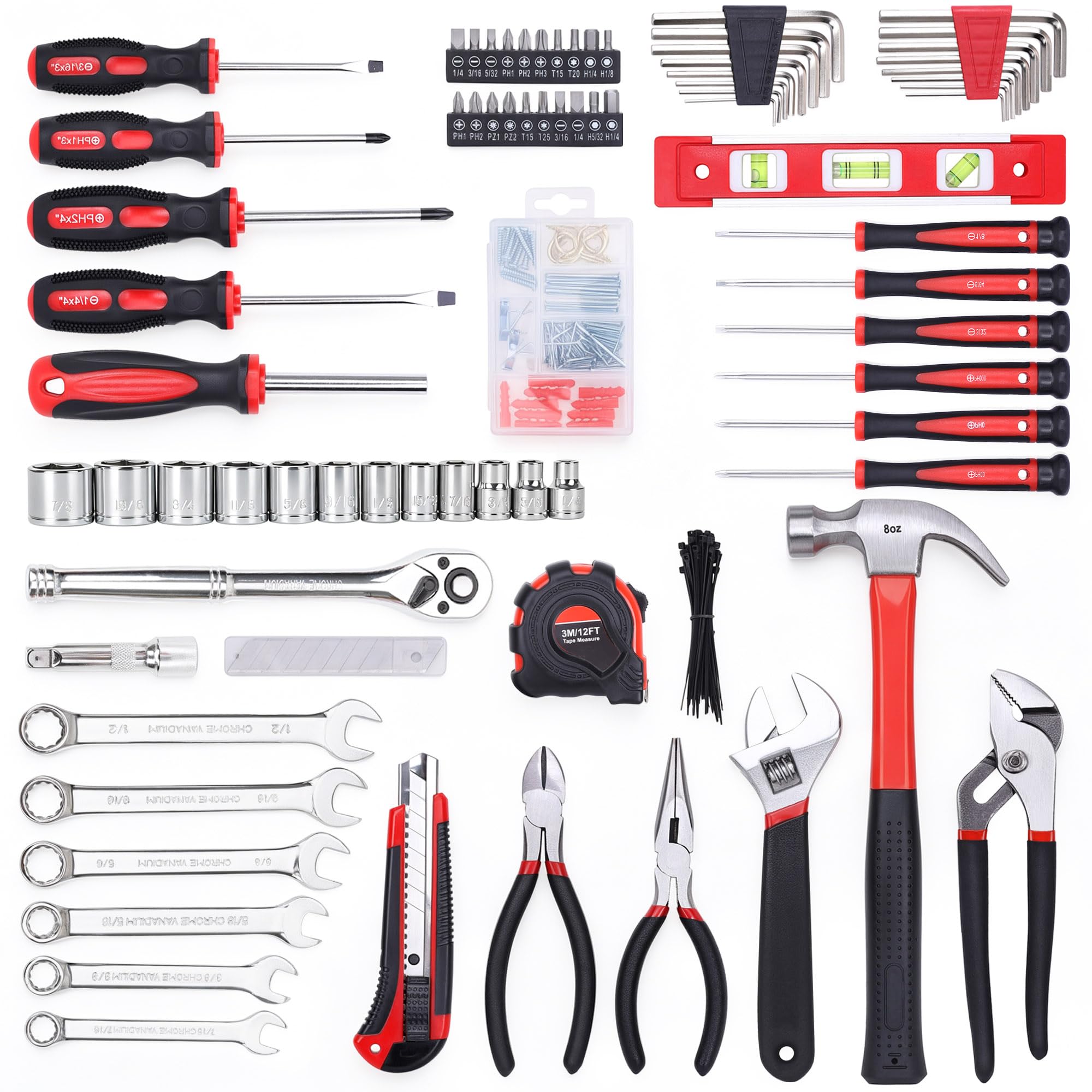 FASTPRO Juego de 236 herramientas de reparación del hogar, kit de herramientas mecánicas de mano con bolsa de almacenamiento abierta de boca ancha de 12 pulgadas, juego de herramientas para el hogar