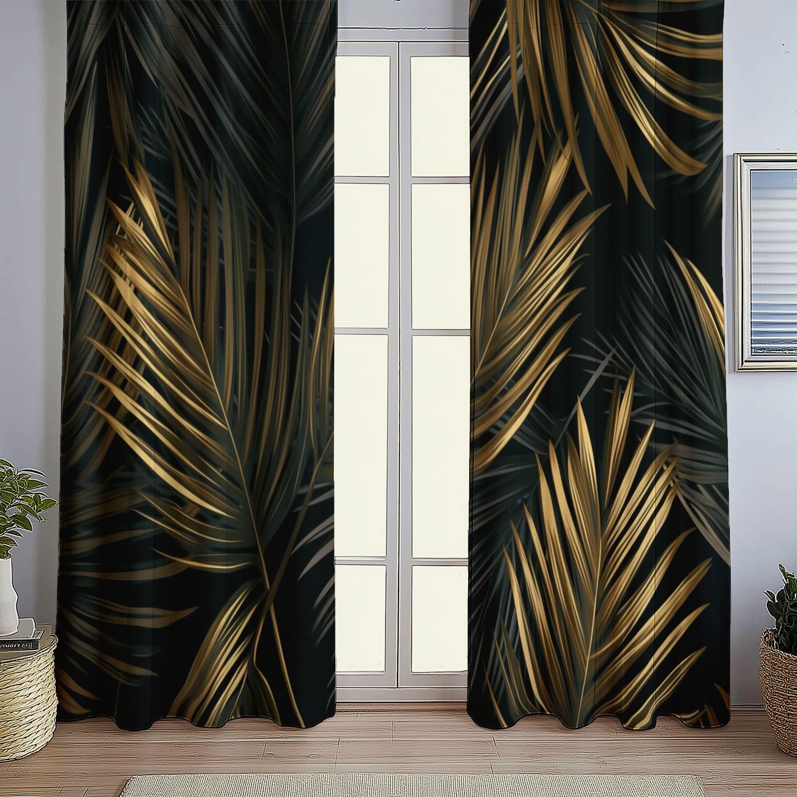 Wärmeisolierende Verdunkelungsvorhänge H166 x B75 cm (2er Set), Pflanzen Palmblätter, Schützende Ösenschals für schmale Fenster, Schwarz Gold
