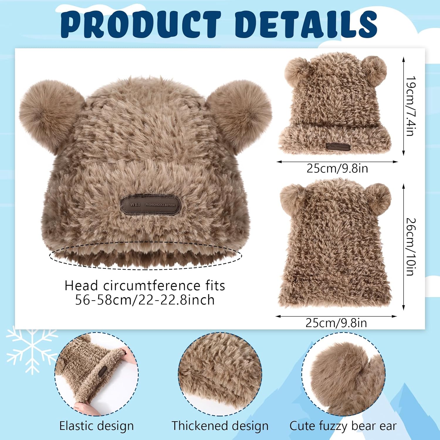 2 Pcs Cute Fuzzy Bear Ear Beanie for Women Plush Warm Woolen Winter Hat Faux Fur Animal Knitted Cap - Image 2