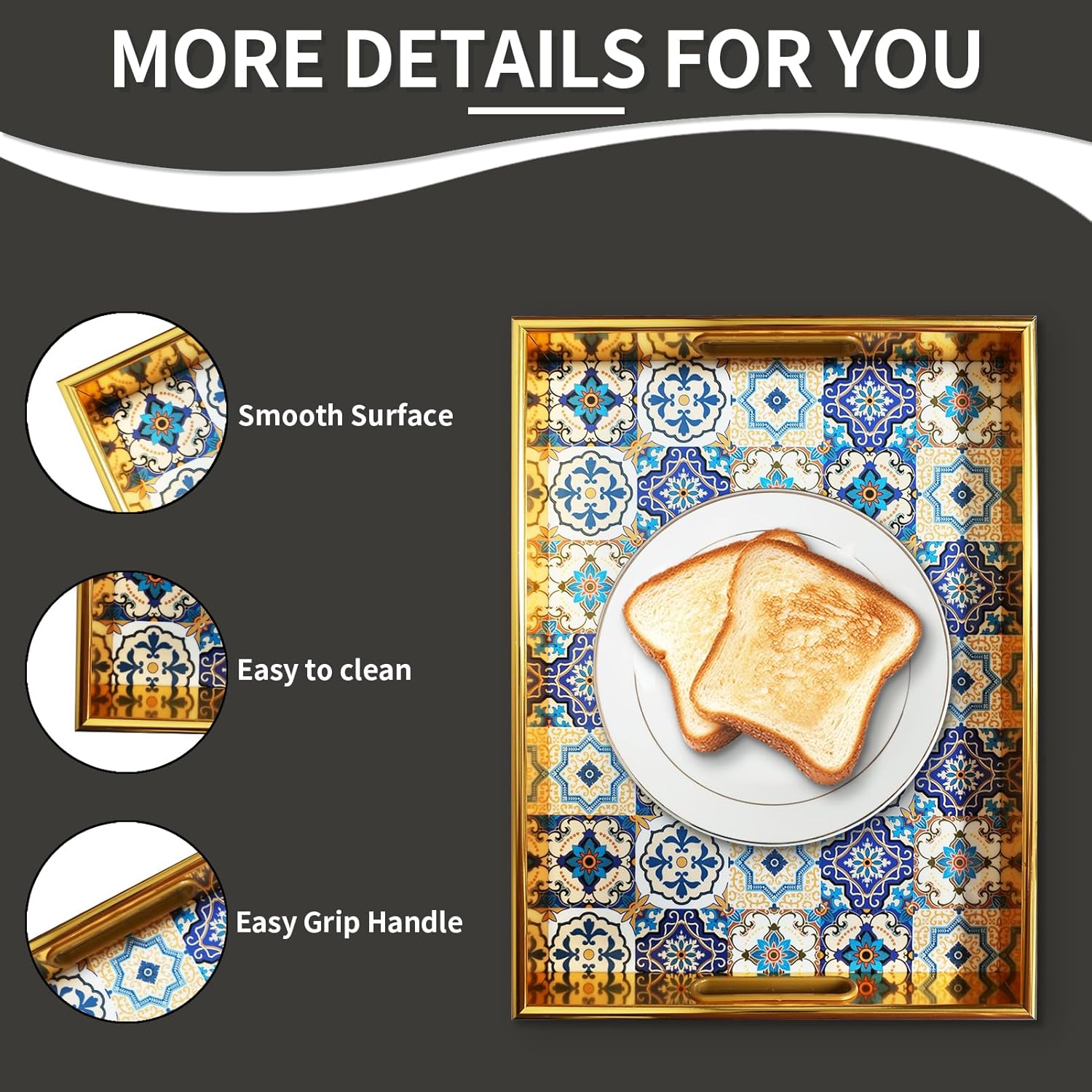 Morocco Gold Decorative Tray Set of 2, Plastic Serving Tray with Handles, Rectangular Coffee Table Tray, Nesting Trays for Living Room, Bathroom, Ottoman