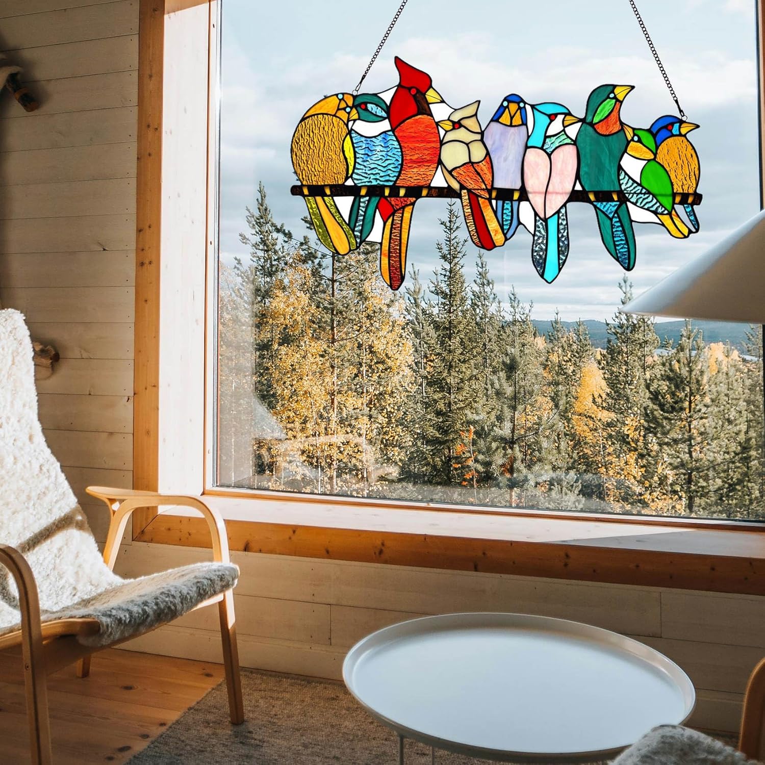 Stained Glass Birds Window Hangings, 9 Multicolor Stained Glass Birds on Branch Suncatcher, Handmade Tiffany Style Bird Lovers Gifts Decor for Mother, Women.