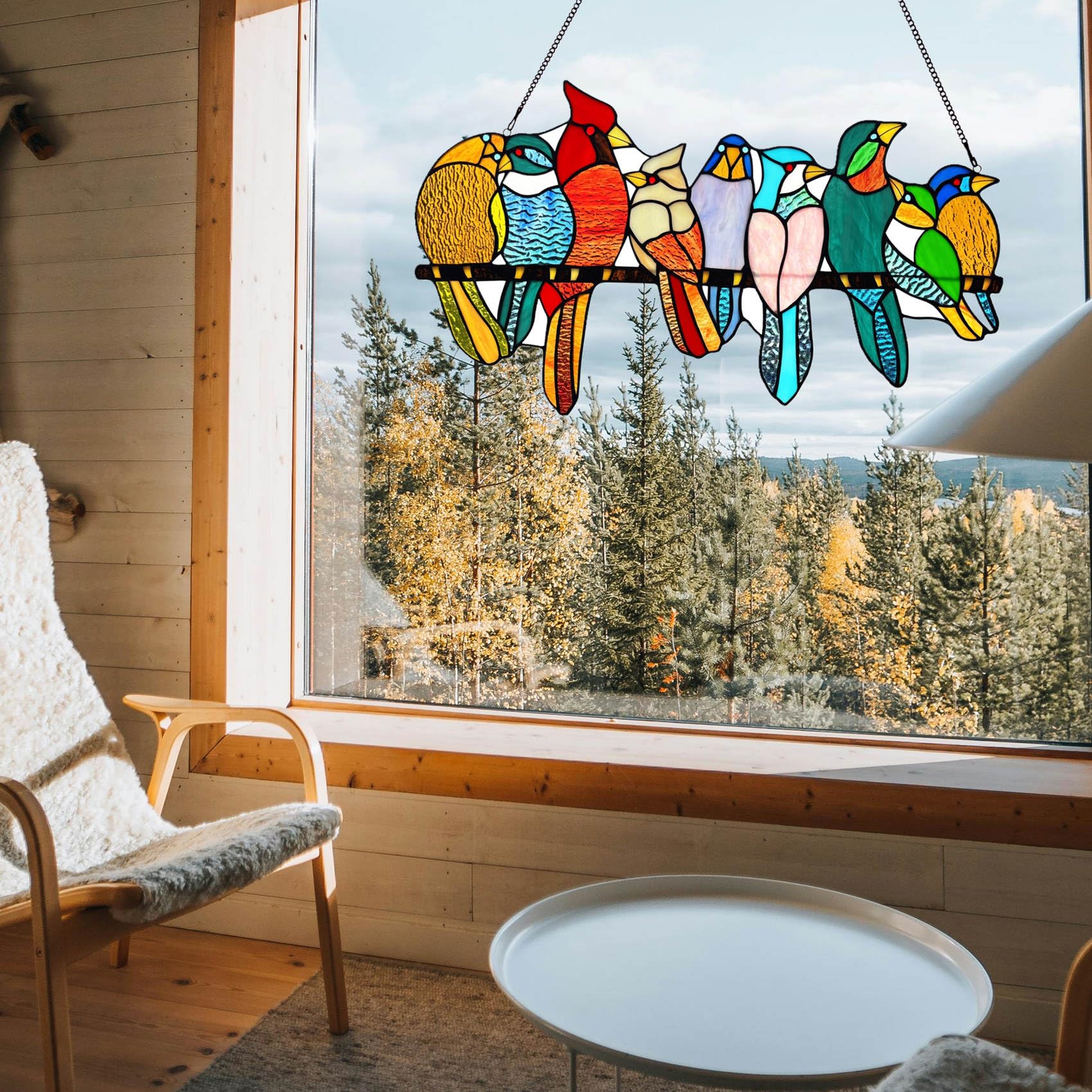 Buntglas-Vogel-Fensterbehang, 9 bunte Buntglas-Vögel auf Ast, Sonnenfänger, handgefertigt, Tiffany-Stil, Vogelliebhaber, Geschenk, Dekoration für Mutter, Frauen