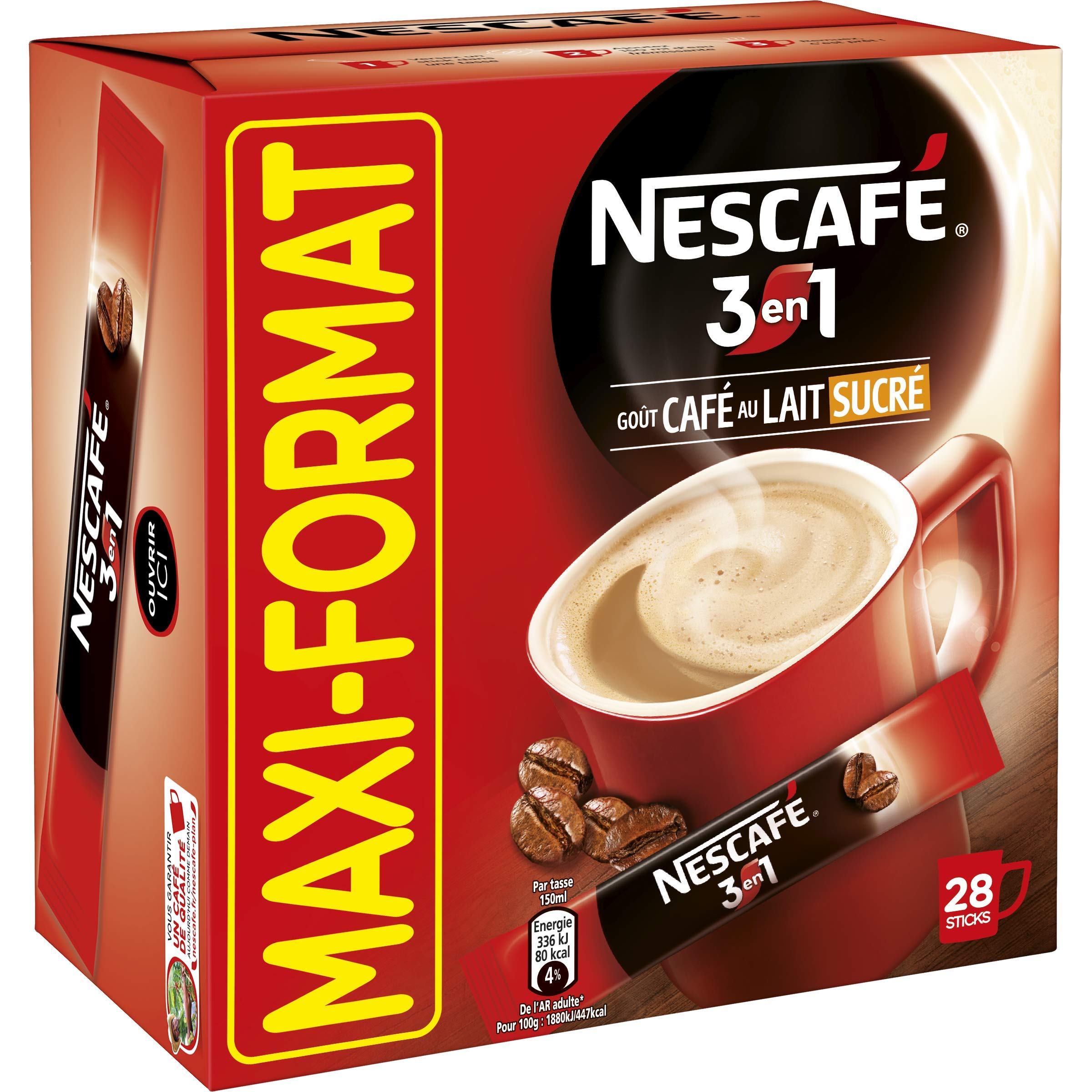 NESCAFÉ 3en1, Café au lait sucré, Café soluble, Boîte de 28 Sticks