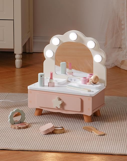Foto 3 de 8 de ROBOTIME Juego de maquillaje de madera para niñas, tocador rosa, espejo con luz, cosméticos falsos