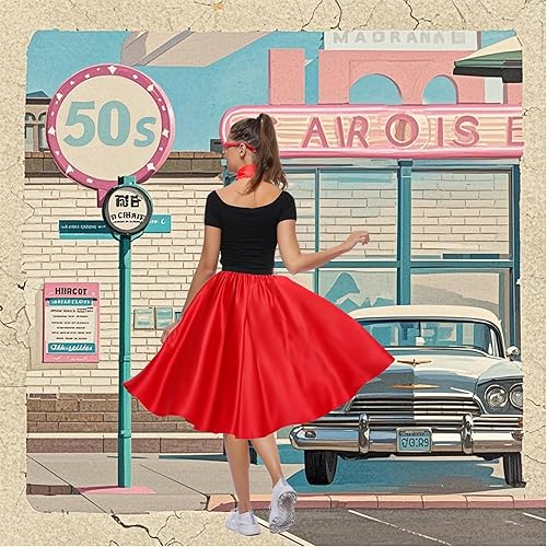 Vista 5 de Disfraz de Sock Hop para Mujer, Disfraz de Vestido de Caniche de los Años 1950 para Adulto, Falda de Caniche de los Años 50 con Gafas, Bufanda