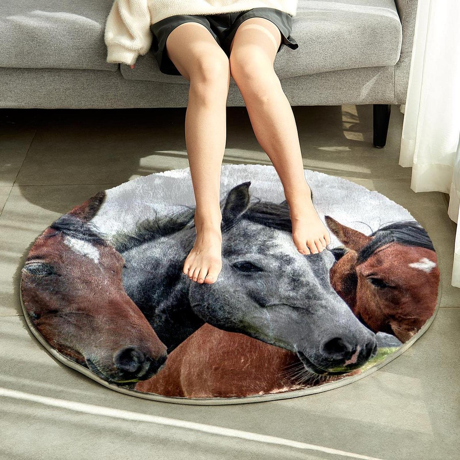 Alfombras de área esponjosas personalizadas, alfombra circular de felpa para el suelo, alfombra de pelo sintético con cabeza de caballos, animales