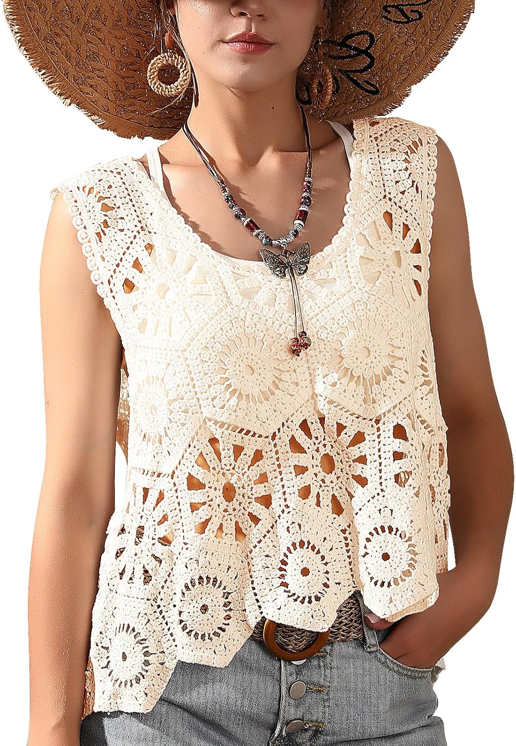 Womens Floral Crochet Lace Boho Trim Sleeveless Open Front Vest Cardigan - Image 2