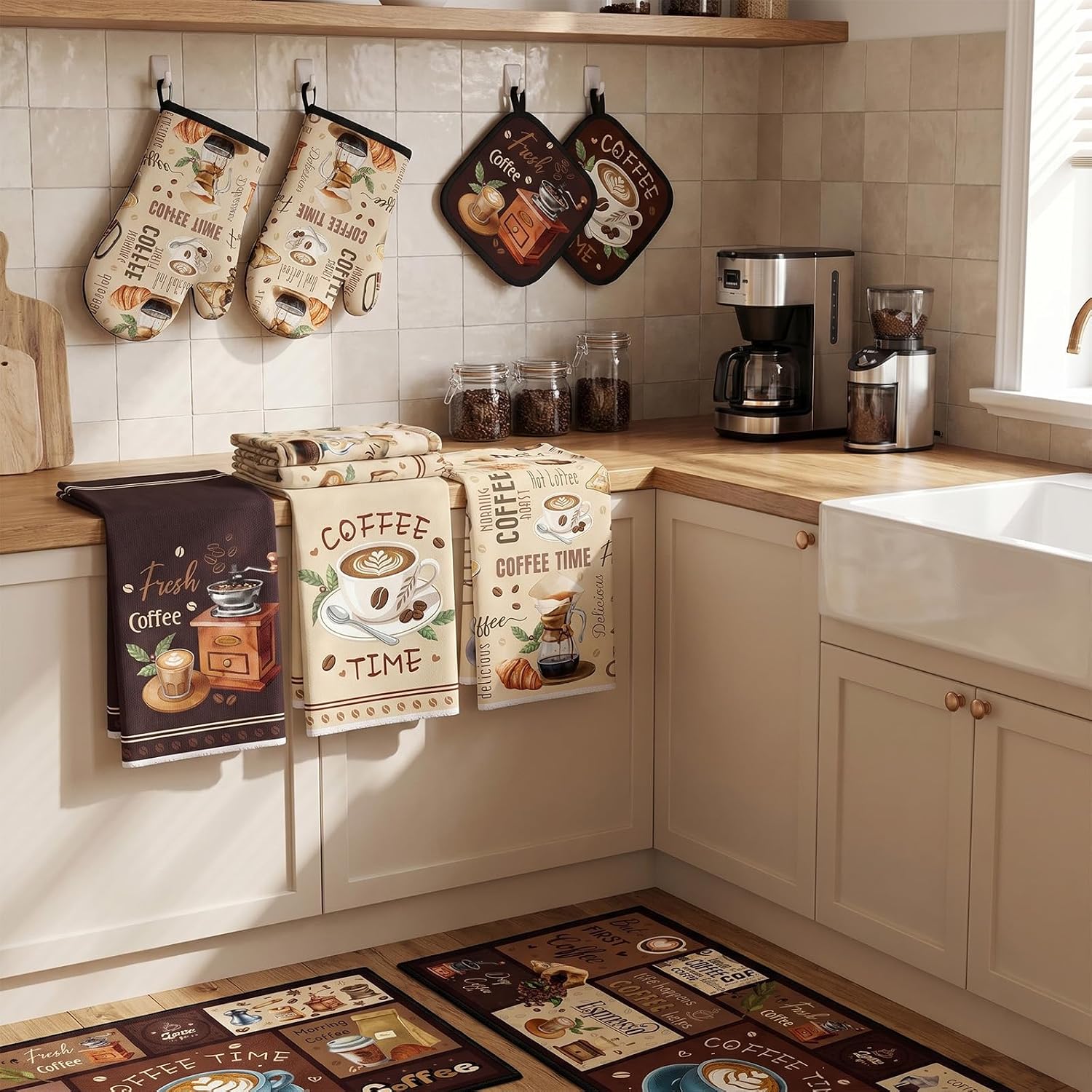 Coffee Kitchen Decor Set, 10 PCS Kitchen Rugs Oven Mitts Pot Holders and Hand Towels Accessories, Vintage Coffee Home Decorations Gift for Cooking Baking