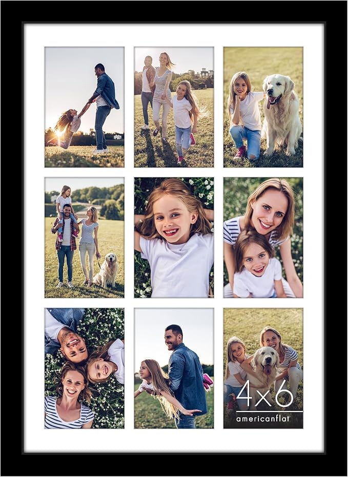 Americanflat 4x6 Collage Picture Frame with Polished Plexiglass - Multi Picture Frames Fit Nine 4x6 Photos or Use as One 14x20 Frame for Wall Display - Signature Collection - Black