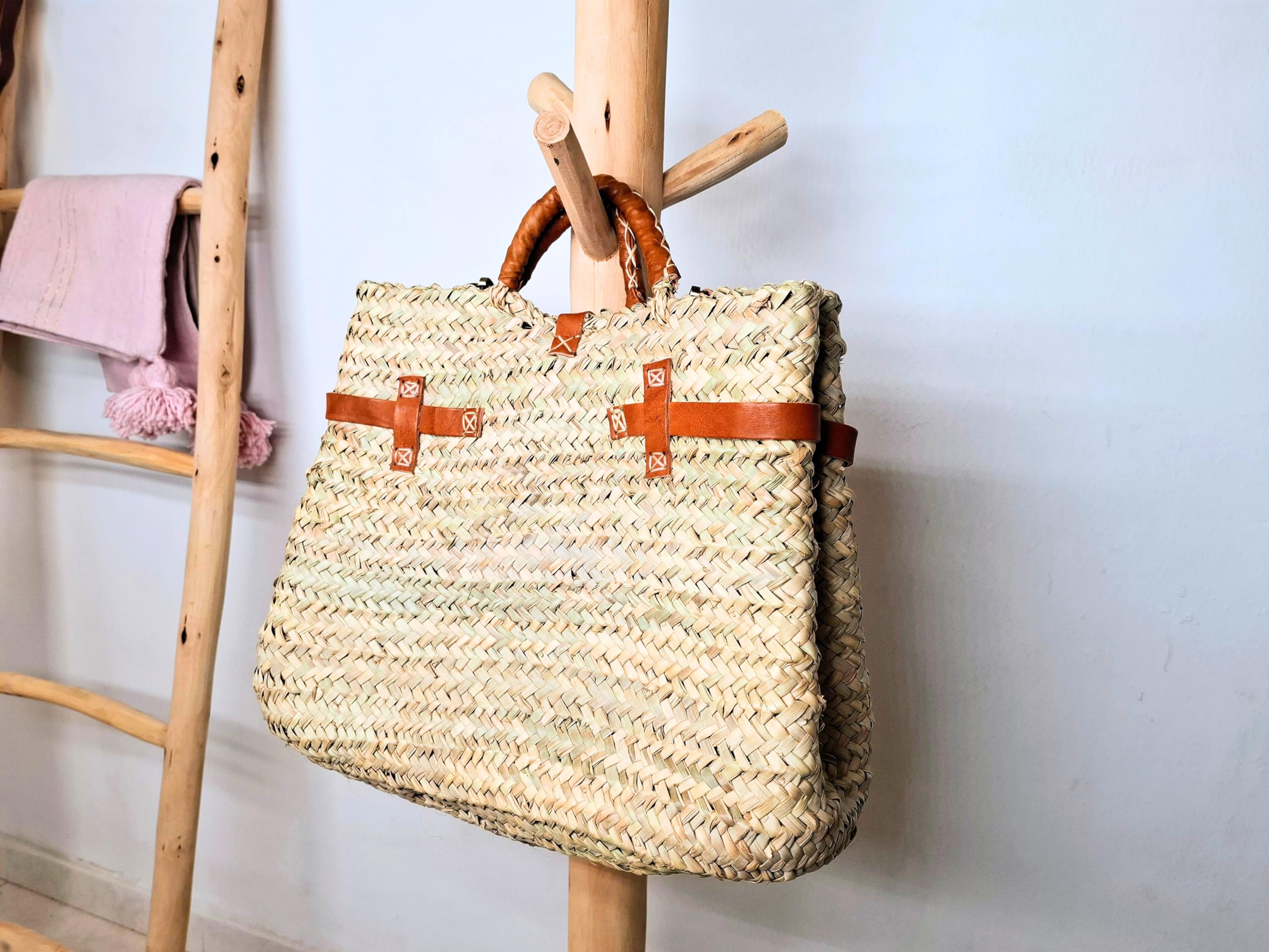 Bolso de Mimbre Mujer, Ratán, Artesanal Marroquí, Trenzado a Mano, Beige, Aprox. 40 cm x 33 cm x 17 cm, Asas de Cuero