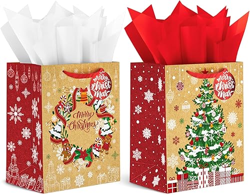 ECOHOLA 12 bolsas de regalo de papel kraft de Navidad con etiquetas y pañuelos, papel de regalo rojo metálico para bolsas de regalo de papel