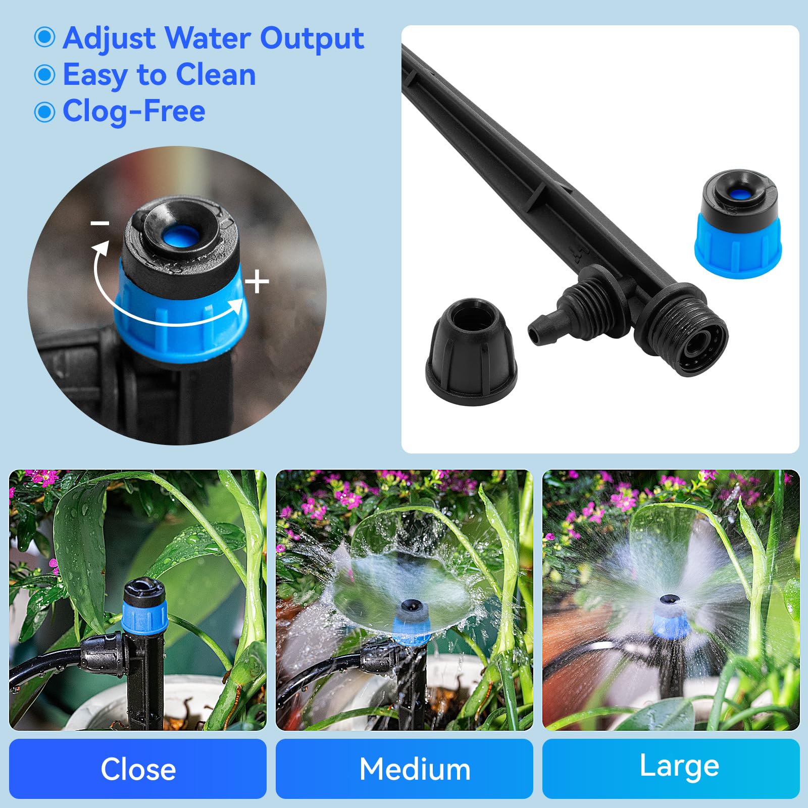 Goteros de riego por goteo ajustables Vortex: 20 unidades de emisores de riego con forma de abanico con estaca de flujo de agua con bloqueo de púas para tubos de 1/4 pulgadas para riego de jardín