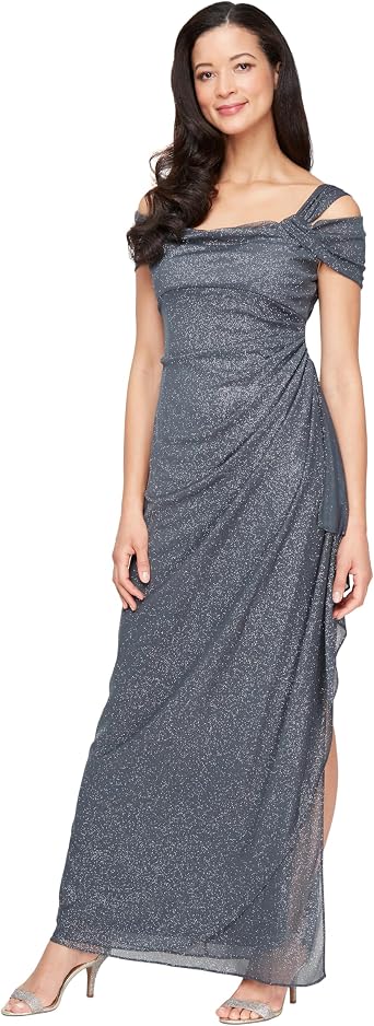 Alex Evenings Womens Long Cold Shoulder Dress, Mother of The Bride, Formal Events, Smoke Glitter, 8 Petite