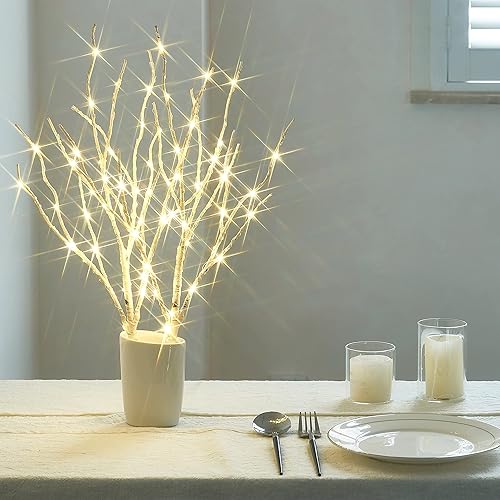 Miniatura 6 de Birchlitland Ramas de abedul iluminadas con temporizador, funciona con pilas, 18 pulgadas, 70 L, luces LED blancas cálidas, luces decorativas