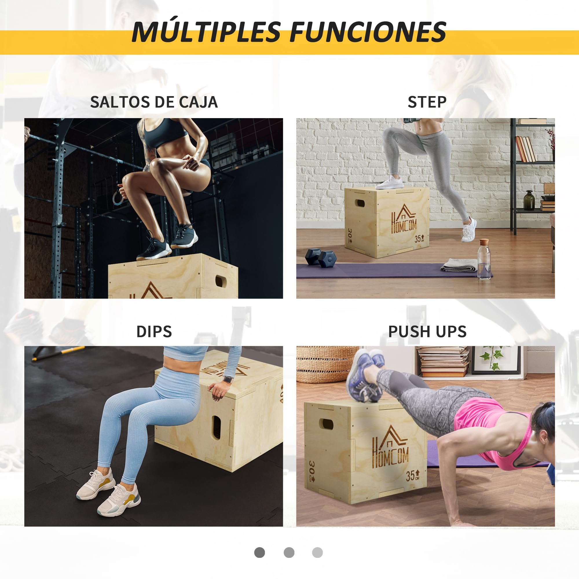 HOMCOM Cajón Pliométrico de Madera 3 en 1, Plataforma de Caja Pliométrica con 3 Alturas Diferentes, 2 Mango Hueco, Entrenamiento de Salto, Fuerza, para Casa, Gimnasio y Exterior
