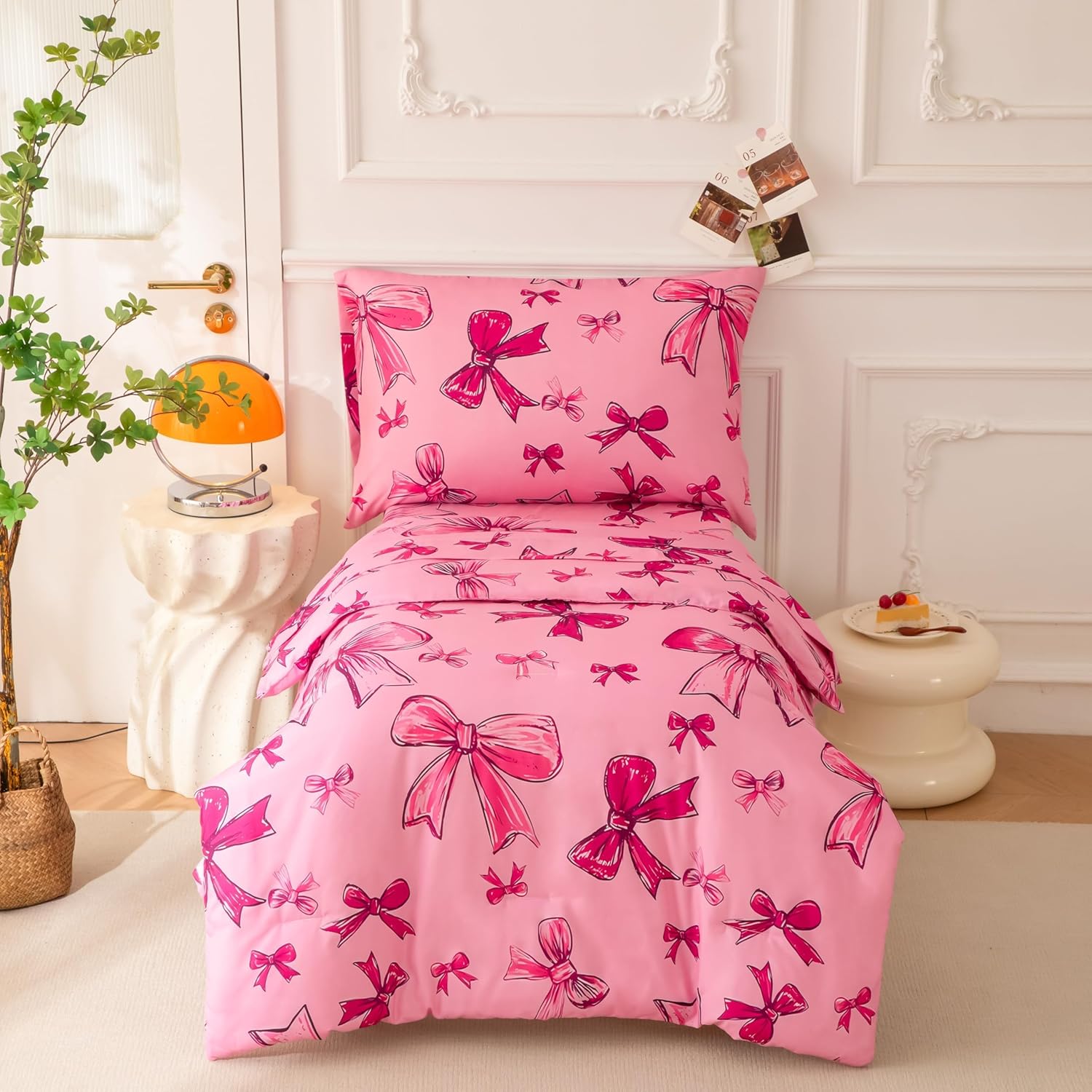 SDIII 4 Piece Pink Bow Girl Toddler Bedding Set, Cute Bowknot Princess Toddler Bedding Set with Comforter, Fitted Sheet, Flat Sheet and Pillowcase