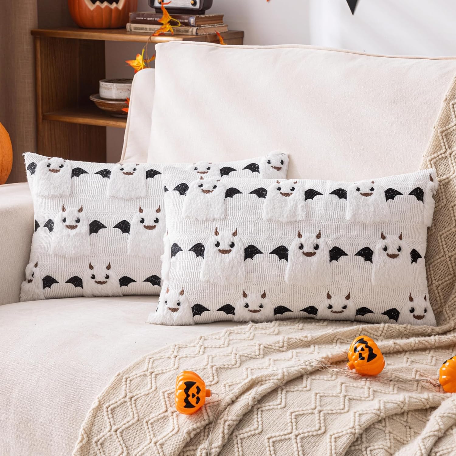 AQOTHES Halloween White Ghost Throw Pillow Covers 12x20 inch Set of 2 Cute Skeleton Pillowcases Holiday Cushions Covers