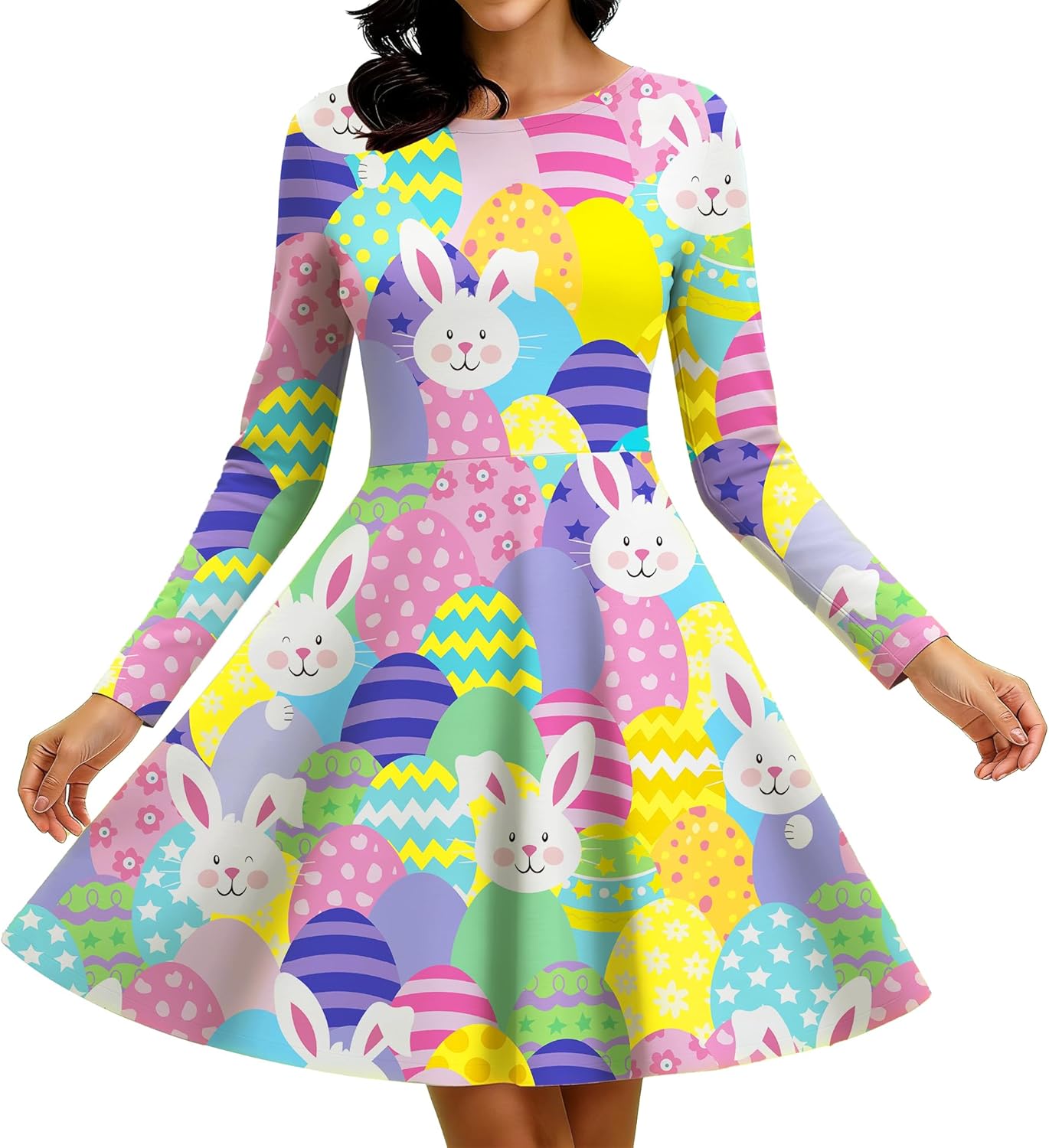 CAZYCHILD Women Easter Dress Funny Bunny Eggs Long Sleeve Shirt Rabbit Graphic Spring Dresses Tee Tops