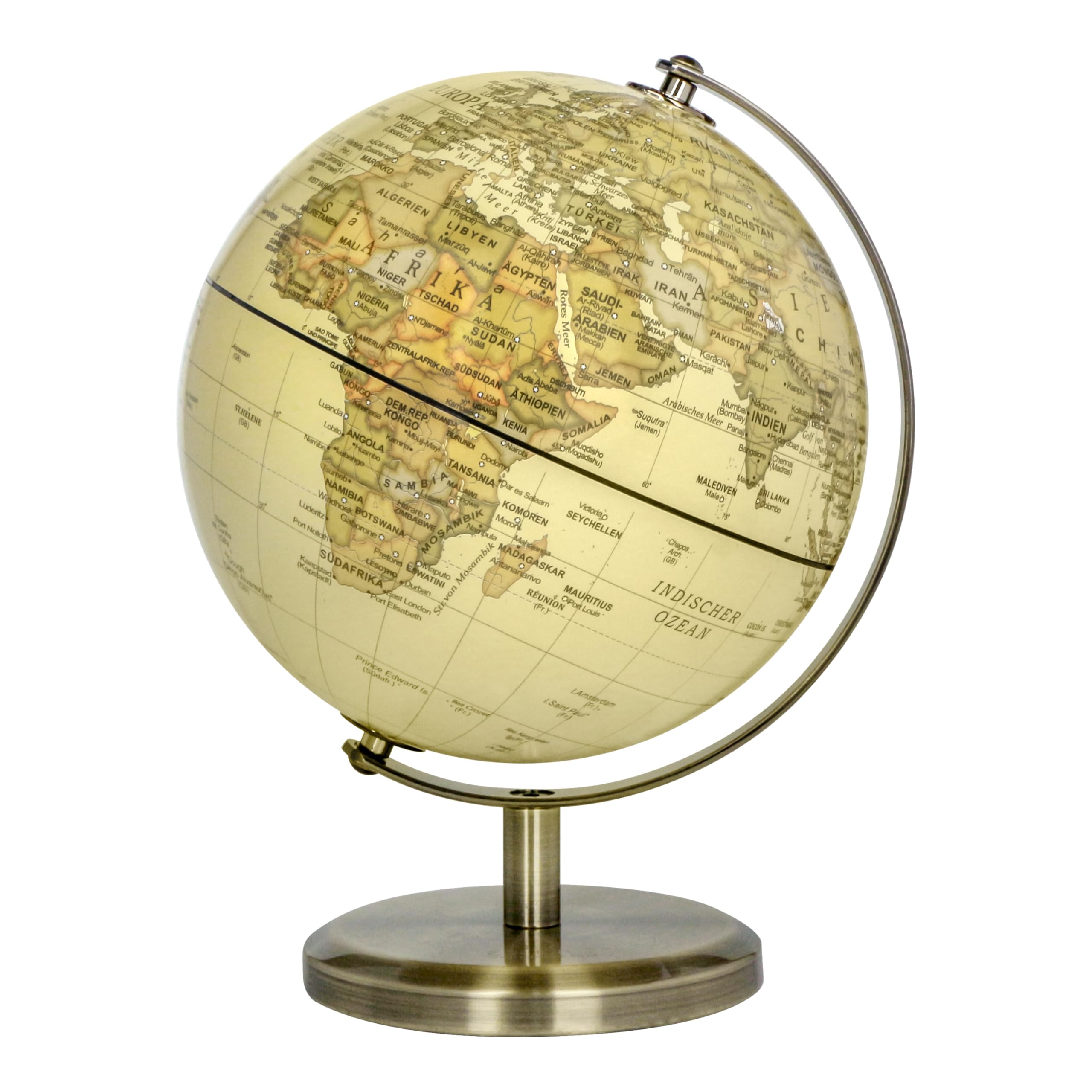 Exerz Antique 14Cm 14Cm World Globe Mini Antique Globe - German Map - Educational/Geographic - 14Cm Diametre Metal Arc And Base Bronzed Colour Vintage