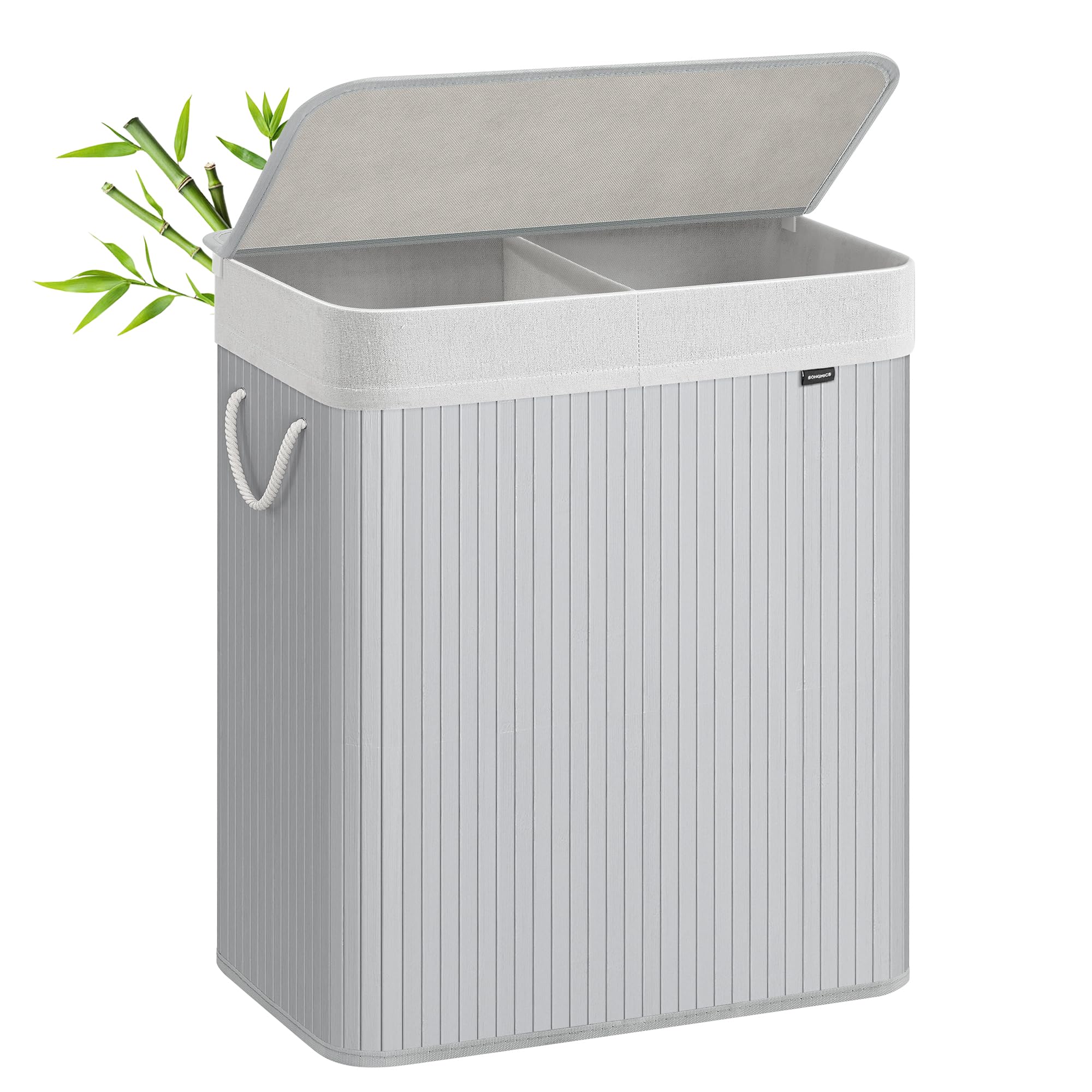 SONGMICS - Laundry Basket with Lid - Bamboo Laundry Basket with 2 Sorting Compartments, Removable Bag, Cotton Handles - Volume 100L, for Laundry Room, Bedroom - Grey - LCB064G01