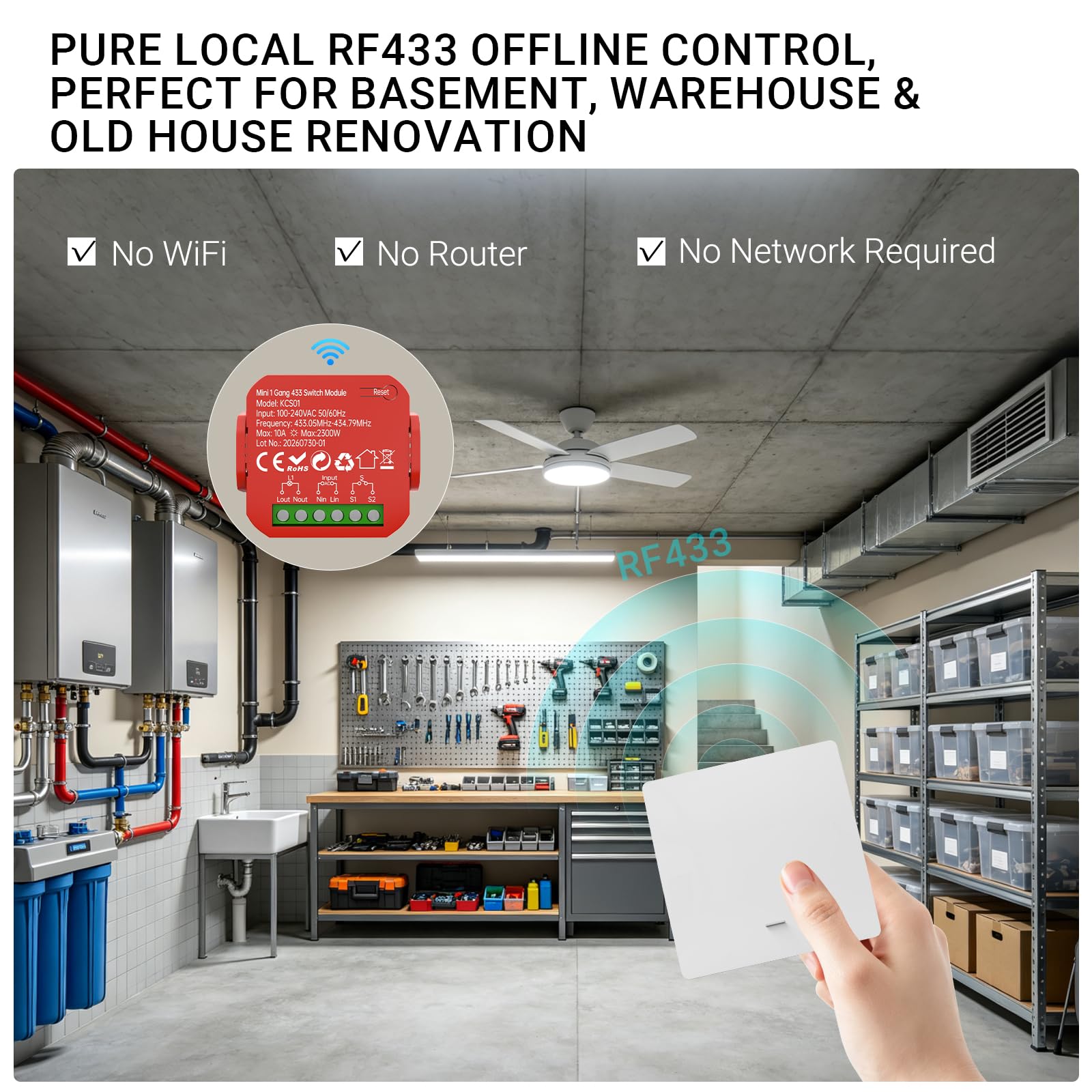 RF433 10A 230V Interrupteur sans fil sans pile avec émetteur et récepteur
