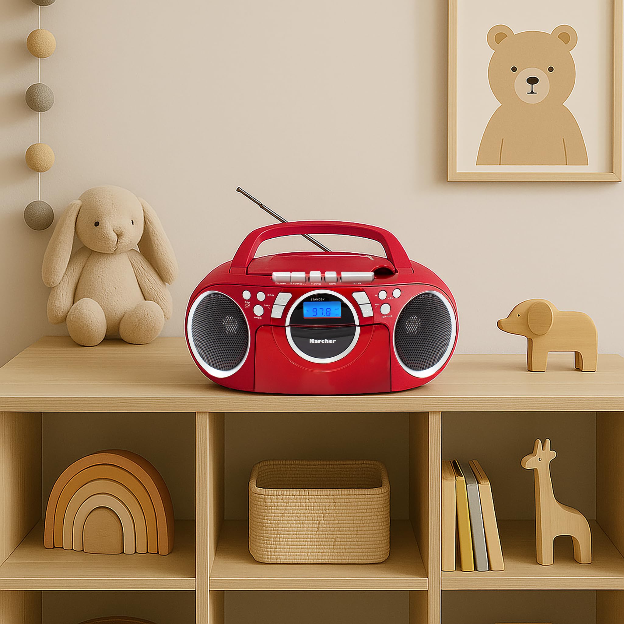 Karcher RR 5042-R tragbares CD Radio/Boombox mit CD-Player und Kassettenspieler (UKW, Batterie-/Netzbetrieb, AUX-In) rot