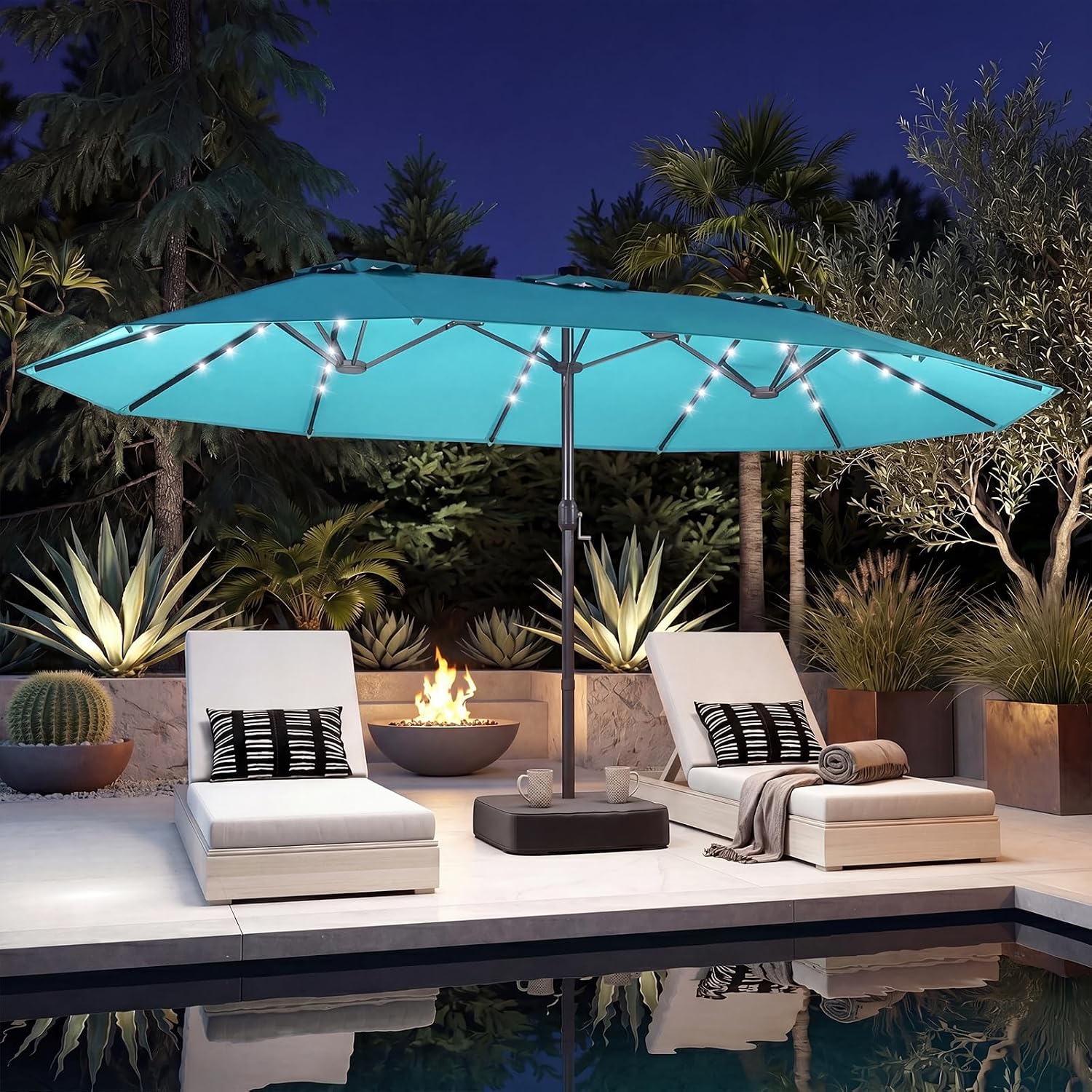 HAPPYGRILL 15FT Double-Sided Patio Umbrella, Extra-Large Twin Umbrella with Lights, Vented Top, Crank Handle, 12 Ribs, Weighted Base Included, Large Outdoor Market Umbrella for Poolside Garden Lawn