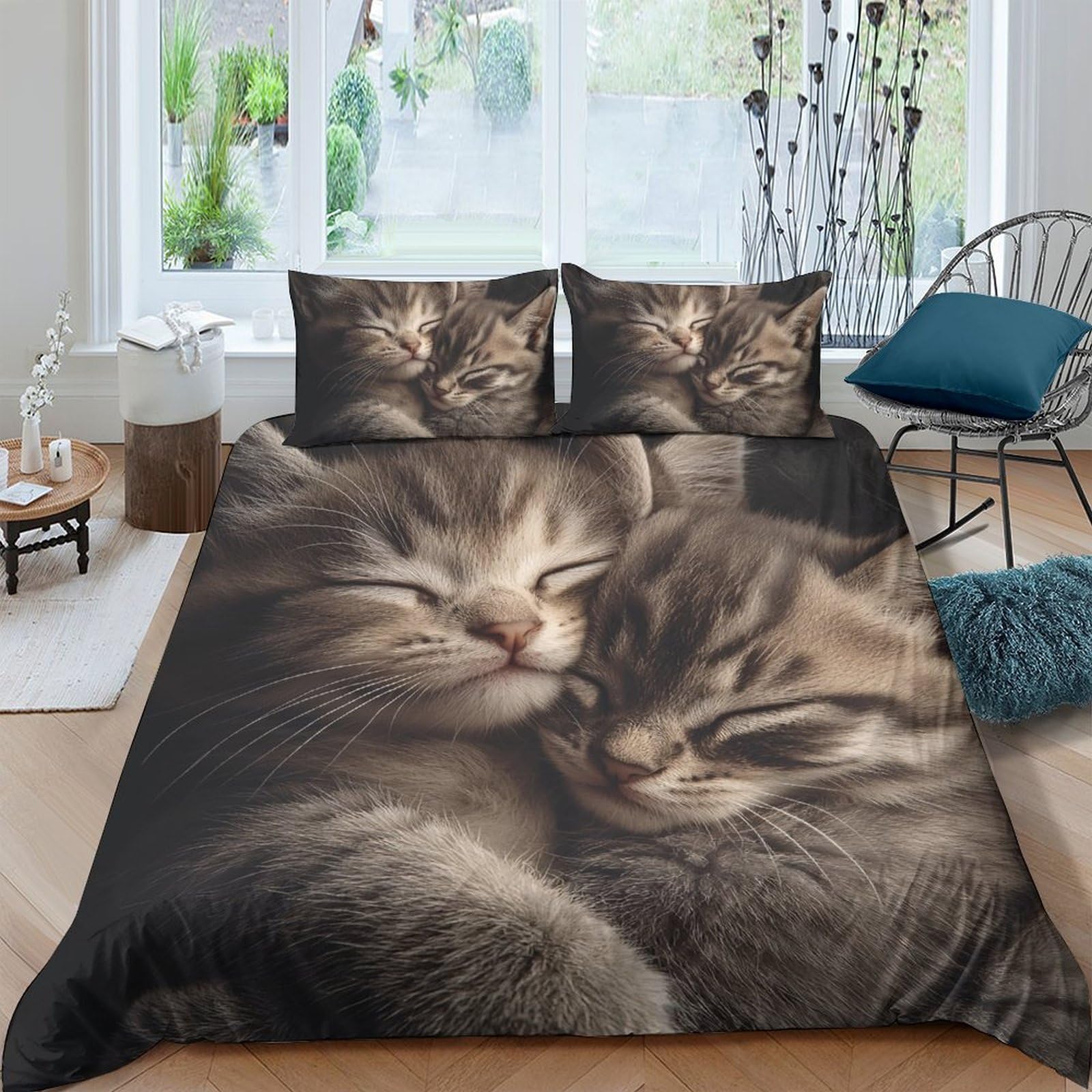 GPLZQXKJNH 3D Printed Cat Lovers Duvet Cover Set Microfiber Soft Breathable Kitten Quilt Cover with 2 Pillowcases for Bedroom Decor Single（135x200cm）