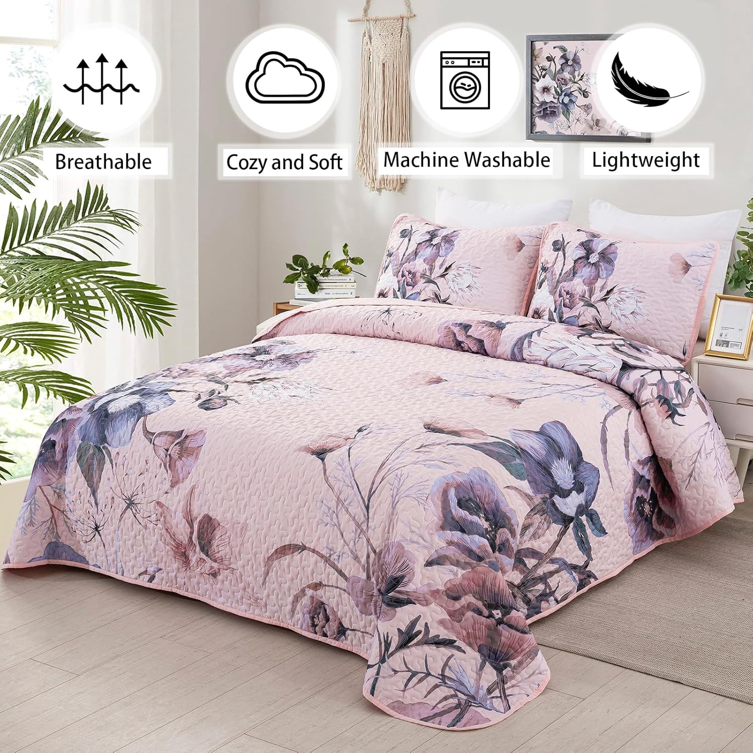 Floral Quilt Set King 3 Pieces Pink Floral Quilt Coverlet Set Soft Microfiber Lightweight Pink Quilted Bedspread for All Season 104"x90" - Image 2