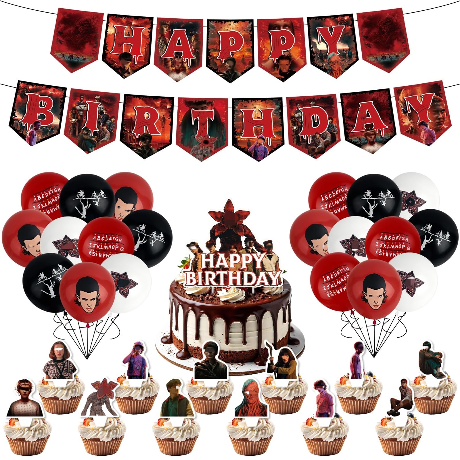46pcs Stranger Birthday Party Decorations, Complete Happy Birthday Supplies with Banner, Latex Balloons, Cake Toppers Cupcake Toppers ect, Party Supplies for Fans, Kids, Boys, Girls