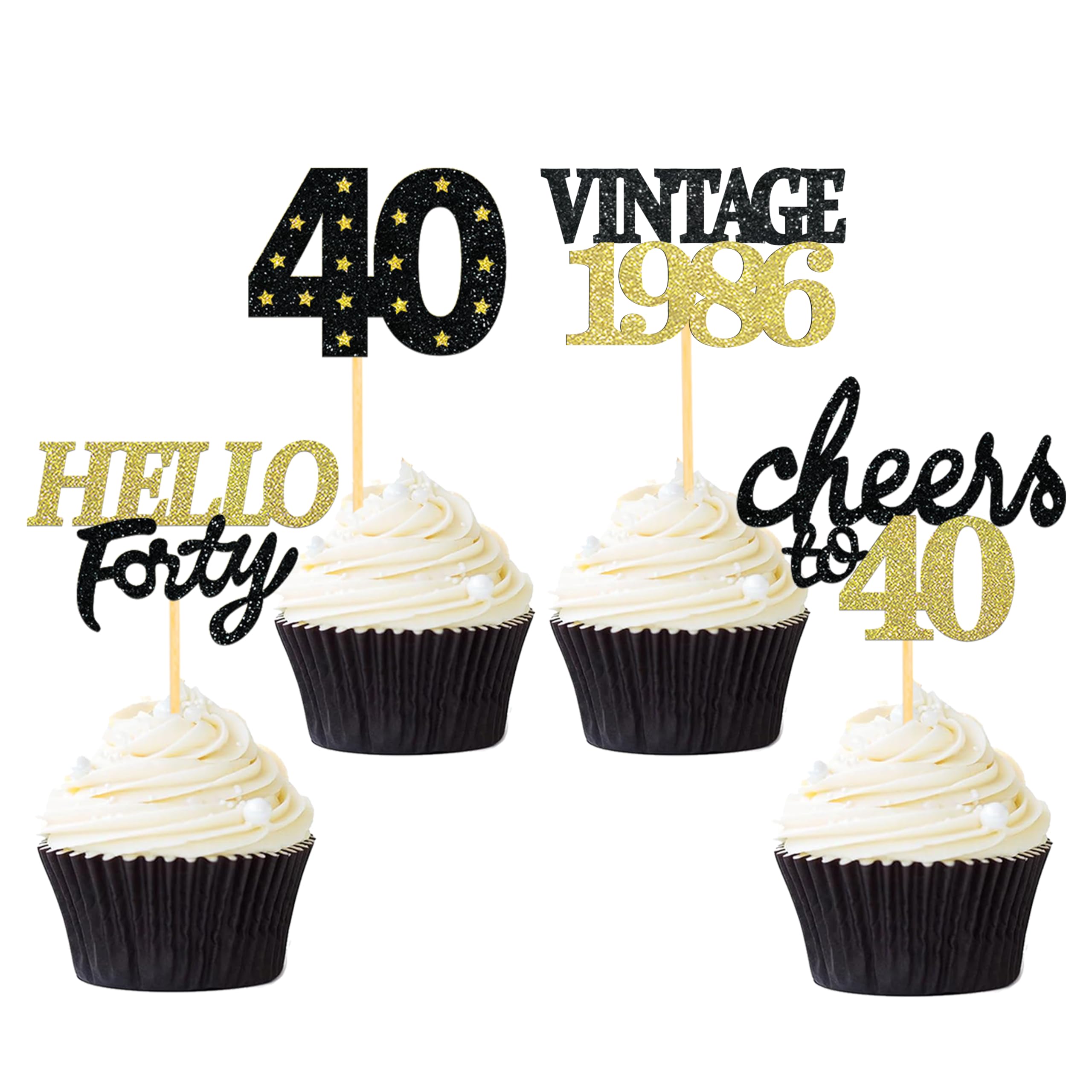 24 Pcs Glitter 40th Birthday Cupcake Toppers for Celebrating Forty Years Old Birthday Party Decorations (Black&Gold)
