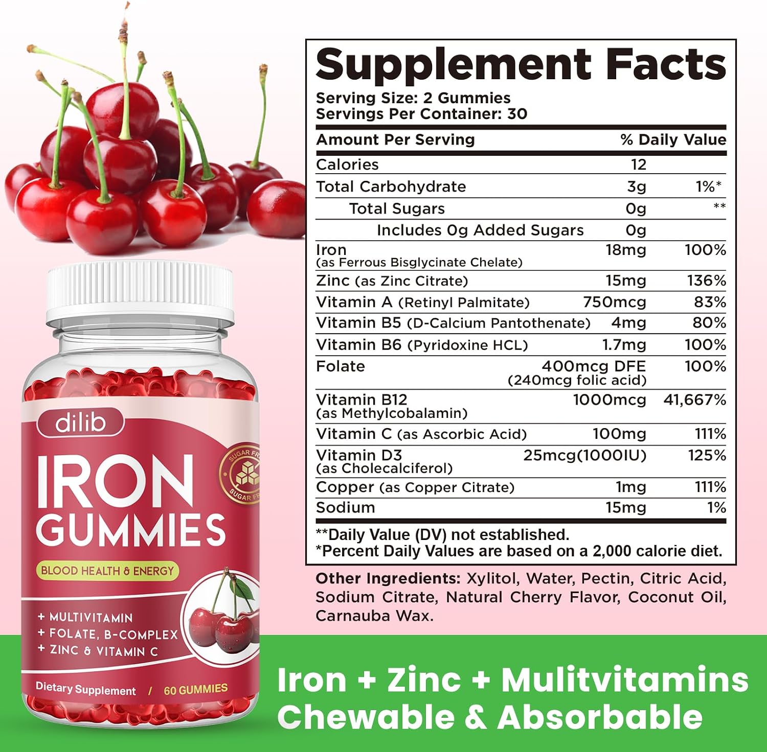 Iron Gummies with Multivitamin, Iron Supplement for Women & Men, Kids Multivitamin with Iron, Zinc, Vitamin B Complex & C, B12, Folate - Blood Builder, Energy Support, Cherry Flavor, Vegan 120 Gummies