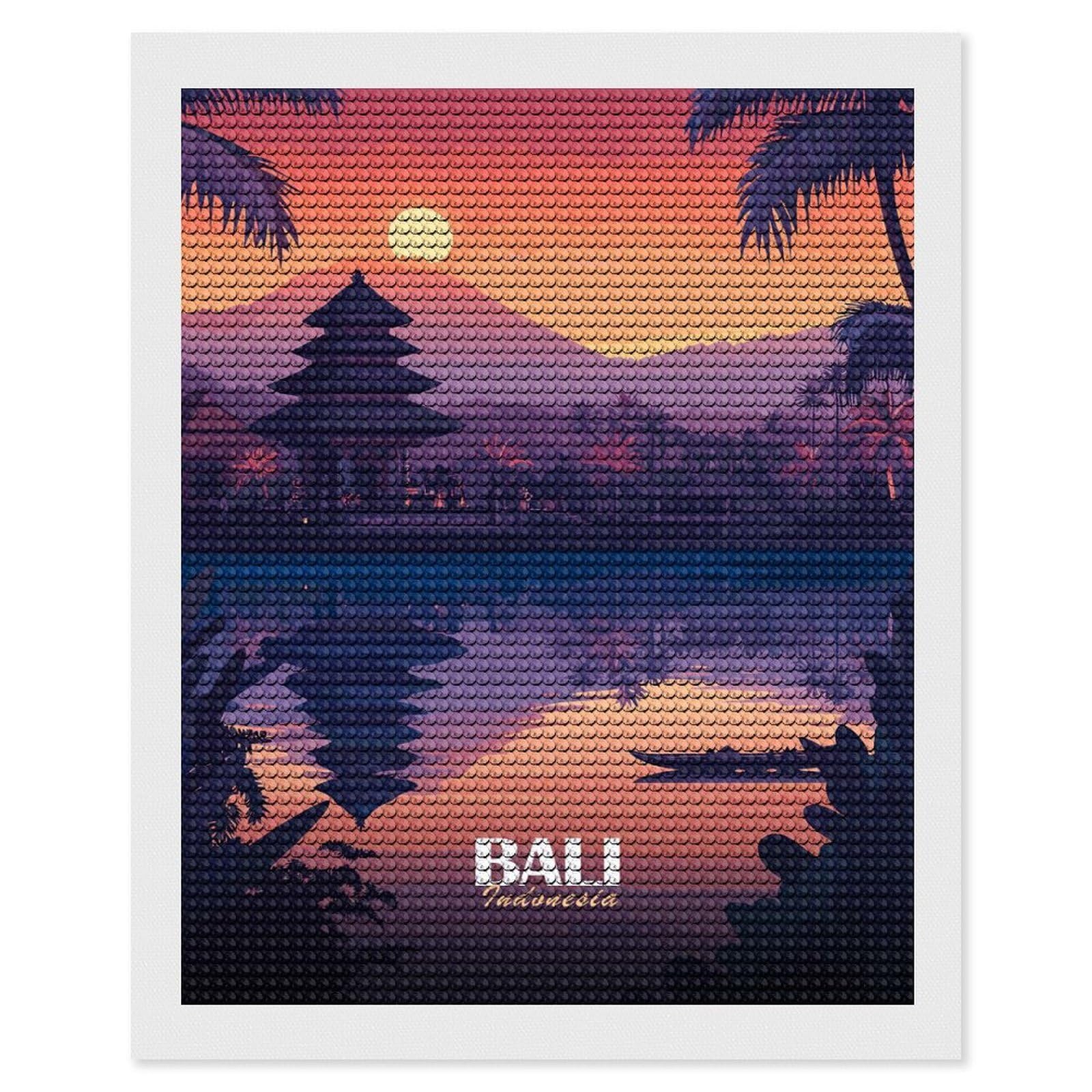 Junmoney Bali, Indonesia Sunset Illustration Diamond Art Canvas 16"x20", for Creative Relaxation, Simple to Start, Aesthetic Room Decor, Holiday Gift Idea